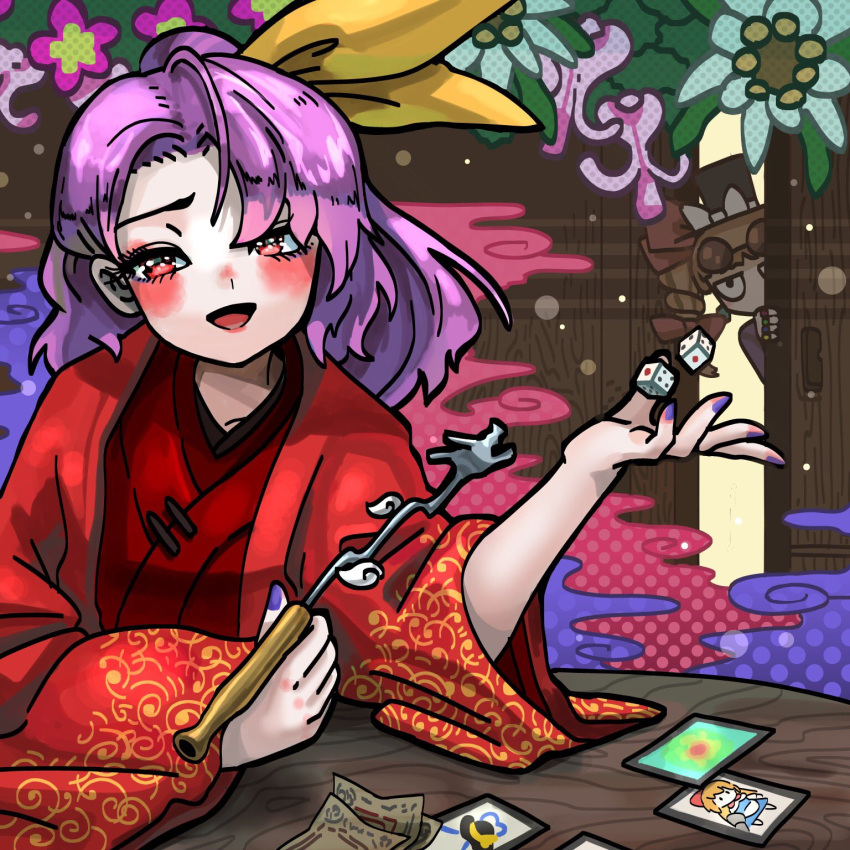 2girls bangs blush card highres holding holding_pipe howhow_notei japanese_clothes kimono kiseru komakusa_sannyo long_hair looking_at_another looking_at_viewer money multiple_girls nail_polish open_mouth pipe purple_hair purple_nails red_eyes red_kimono red_robe ribbon solo solo_focus table touhou yellow_ribbon yorigami_jo'on