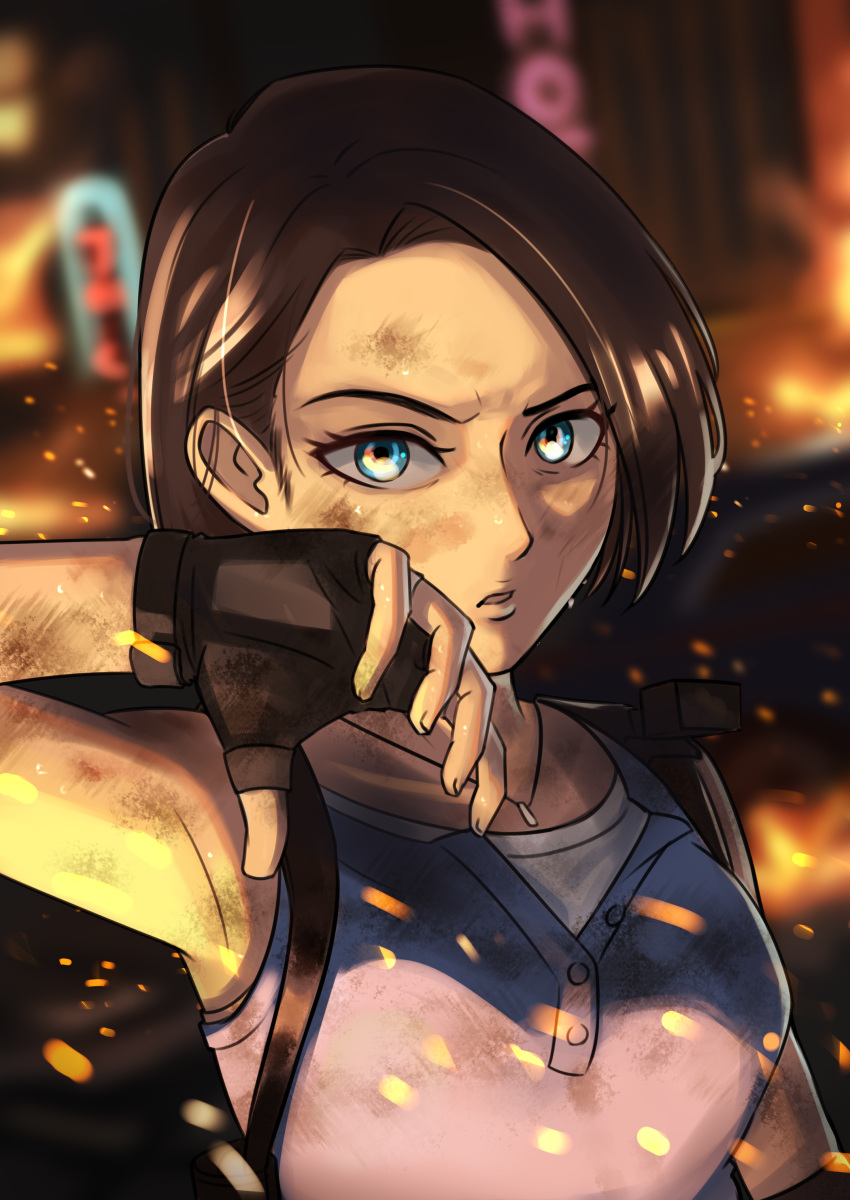 1girl absurdres black_gloves black_hair blue_eyes blurry blurry_background dirty dirty_face fingerless_gloves gloves glowing highres jill_valentine parted_lips resident_evil short_hair sinohira_rin solo sparks upper_body