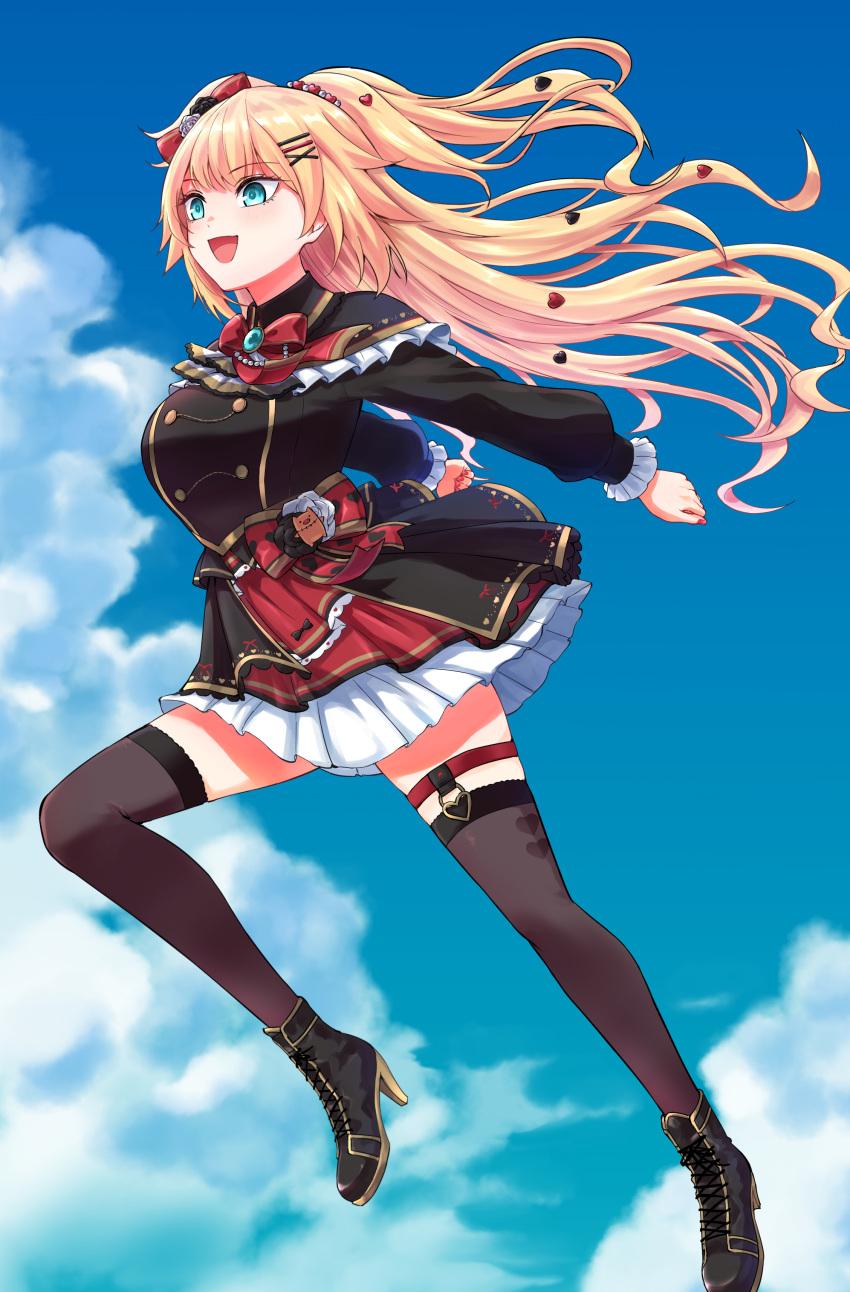 1girl absurdres akai_haato bangs blonde_hair blue_eyes blush boots bow clouds cloudy_sky commentary_request haaton_(akai_haato) hair_bow hair_ornament hairclip heart heart_hair_ornament highres hololive long_hair nail_polish open_mouth parody skirt sky smile solo thigh-highs thigh_strap toki_wo_kakeru_shoujo virtual_youtuber wavy_hair yuu201023 zettai_ryouiki