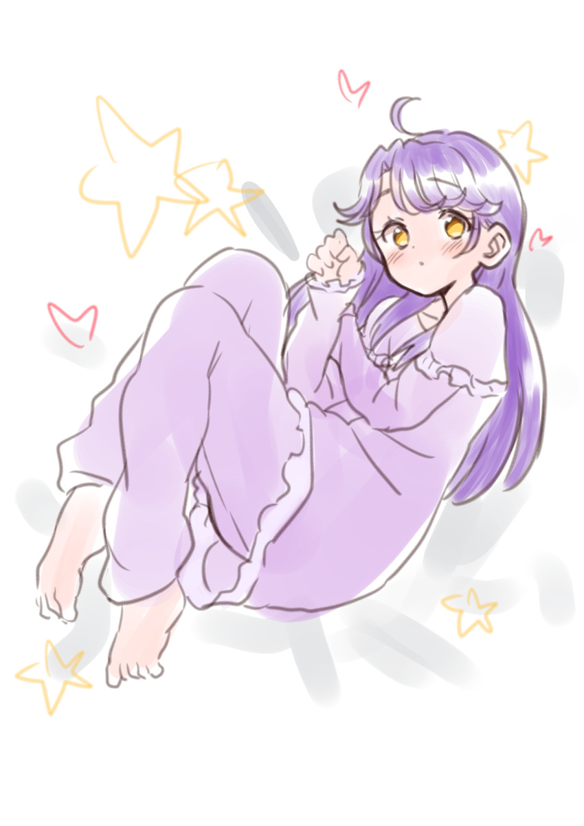 1girl :o absurdres ahoge blush brown_eyes eyebrows_visible_through_hair fetal_position frills hair_down hair_flaps heart highres long_hair long_sleeves looking_at_viewer lying on_side open_mouth pajamas parted_lips partially_colored precure purple_hair purple_pajamas sketch solo star_(symbol) suzumura_sango tankobukids tropical-rouge!_precure