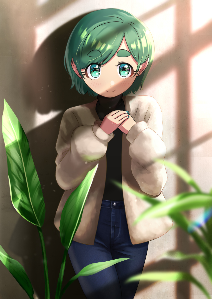 1girl absurdres aqua_eyes blurry blurry_foreground cowboy_shot denim eyebrows_visible_through_hair futomayu-chan_(sinohira_rin) green_hair hands_up highres jeans leaf long_sleeves looking_at_viewer original pants plant shadow short_hair sinohira_rin smile solo