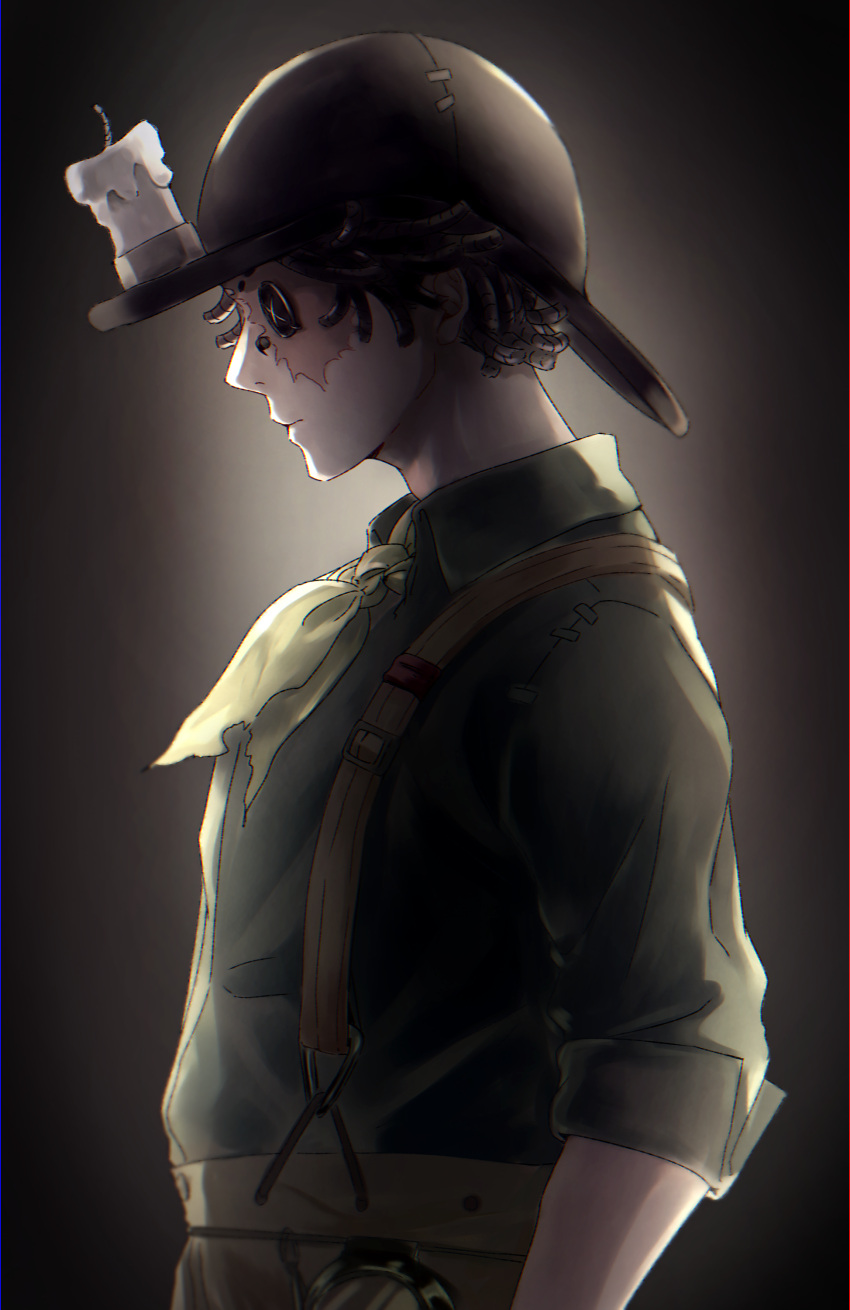 1boy absurdres black_background black_eyes black_headwear brown_pants button_eyes candle highres identity_v nappo73 norton_campbell pants profile scar scar_on_face shirt solo standing suspenders