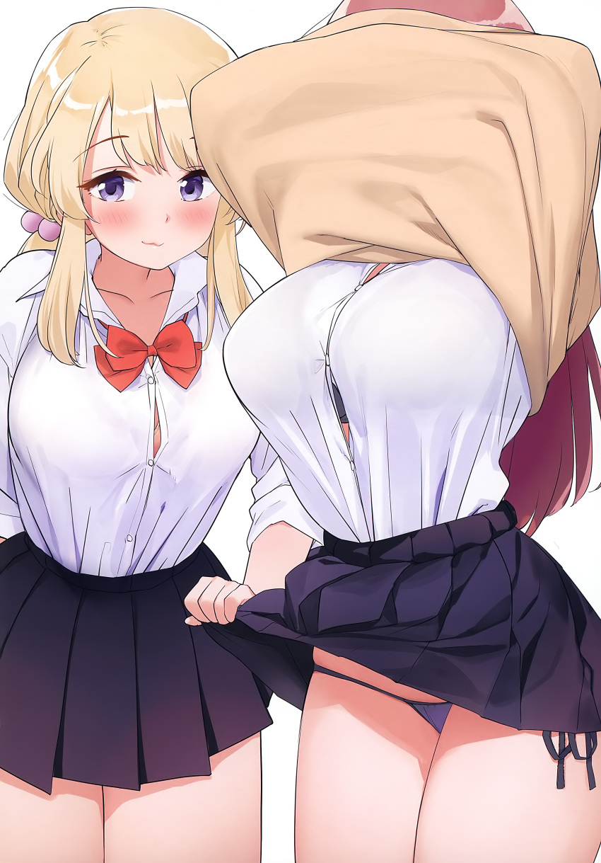 2girls absurdres arm_behind_back arms_up assisted_exposure bangs black_bra black_panties black_skirt blonde_hair blush bow bowtie bra bra_through_clothes breasts brown_hair button_gap collar eyebrows_visible_through_hair hair_bobbles hair_ornament highres kaisen_chuui large_breasts lifted_by_another long_hair miniskirt multiple_girls non-web_source original panties pleated_skirt red_bow red_neckwear see-through shirt side-tie_panties side-tie_peek sidelocks simple_background skirt skirt_lift skirt_rolled_up tented_shirt underwear undressing upskirt very_long_hair white_background white_shirt wing_collar