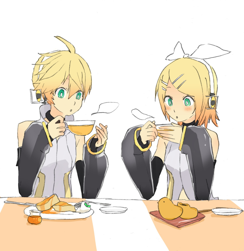 1boy 1girl aqua_eyes bare_shoulders black_sleeves blonde_hair blowing choker commentary cup d_futagosaikyou detached_sleeves food fork headphones highres hiyoko_manjuu holding holding_cup kagamine_len kagamine_len_(append) kagamine_rin kagamine_rin_(append) knife light_blush pancake plate shirt short_hair sitting sketch sleeveless sleeveless_shirt spiky_hair steam upper_body vocaloid vocaloid_append white_shirt