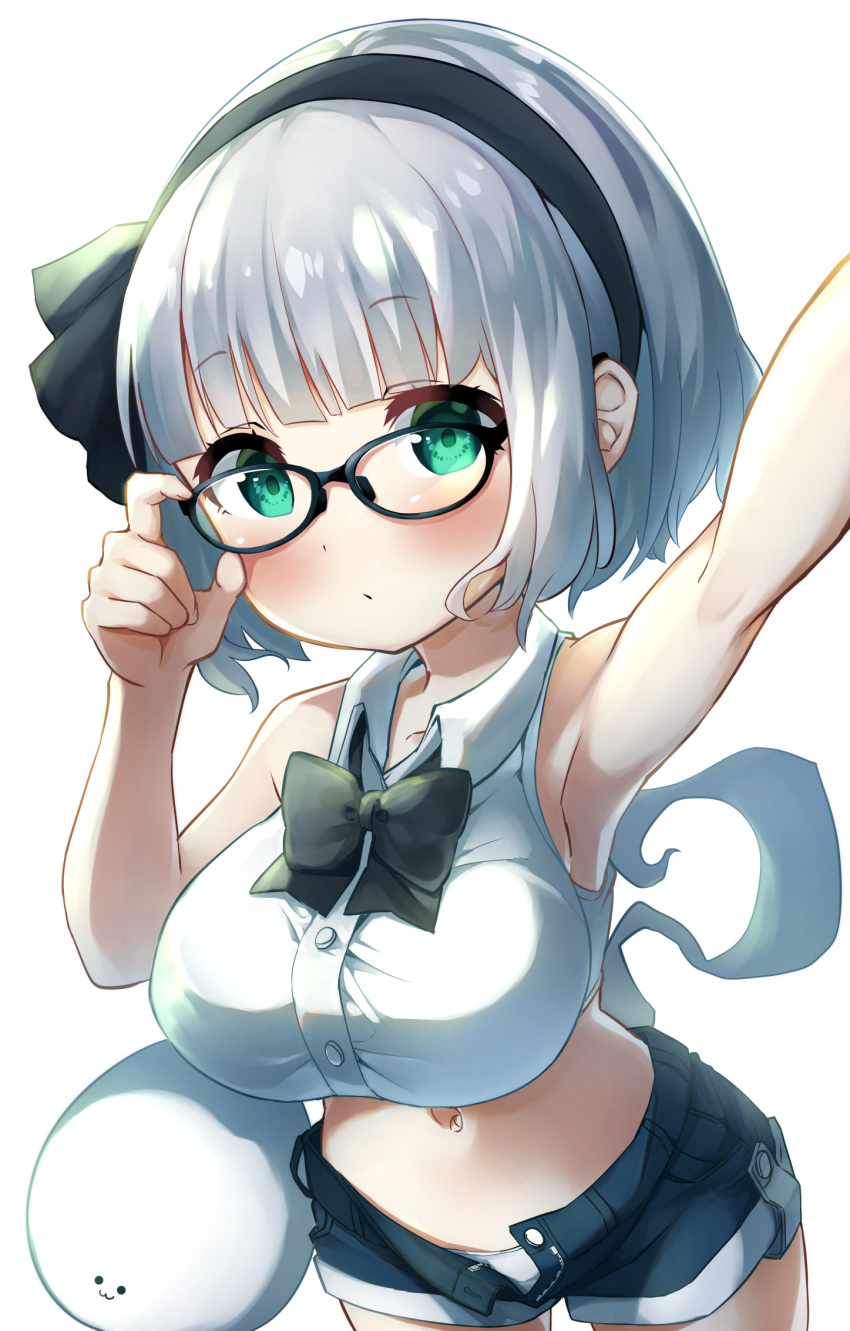 1girl :/ :3 arm_up armpits bespectacled black_bow black_hairband black_neckwear blush bow bowtie breasts commentary_request cowboy_shot crop_top glasses green_eyes hairband hand_up highres hitodama konpaku_youmu konpaku_youmu_(ghost) large_breasts looking_at_viewer midriff navel pegashi short_hair silver_hair simple_background solo touhou white_background
