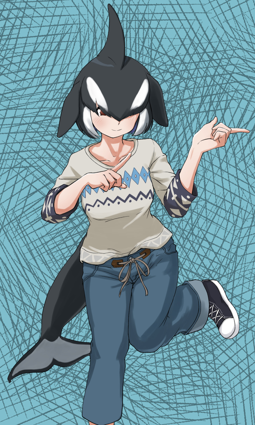 1girl alternate_costume bangs black_hair brown_eyes casual closed_mouth collarbone commentary_request contemporary dolphin_tail dorsal_fin foot_up hair_over_one_eye hands_up head_fins highres kemono_friends kyonin_dofu medium_hair multicolored_hair orca_(kemono_friends) pants pointing shoes smile solo standing standing_on_one_leg sweatshirt tail two-tone_hair white_hair