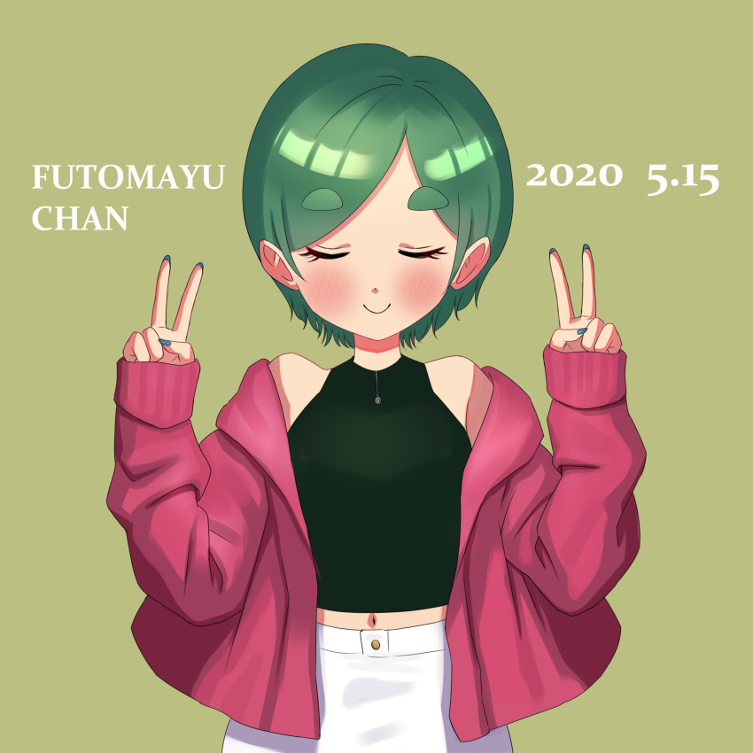 1girl absurdres black_shirt blush cardigan character_name closed_eyes dated double_v eyebrows_visible_through_hair futomayu-chan_(sinohira_rin) green_background green_hair hands_up highres long_sleeves midriff navel original pink_cardigan shirt short_hair sinohira_rin sleeveless sleeveless_shirt smile solo v