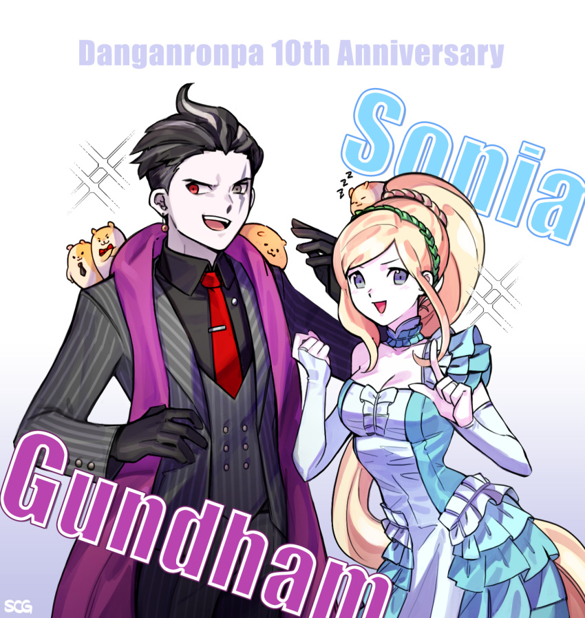 1boy 1girl :d anniversary bangs black_gloves black_hair black_shirt blonde_hair bridal_gauntlets cham-p character_name collarbone collared_shirt dangan_ronpa_(series) dangan_ronpa_10th_anniversary_costume dangan_ronpa_2:_goodbye_despair dress earrings frills gloves gradient gradient_background grey_background grey_eyes grey_hair hamster hands_up heterochromia highres jewelry jum-p long_hair looking_at_viewer maga-g multicolored_hair necktie official_alternate_costume open_mouth pale_skin pants red_eyes scarf shirt short_hair silvercandy_gum smile sonia_nevermind squinting striped striped_jacket striped_pants sun-d tanaka_gandamu tie_clip zzz