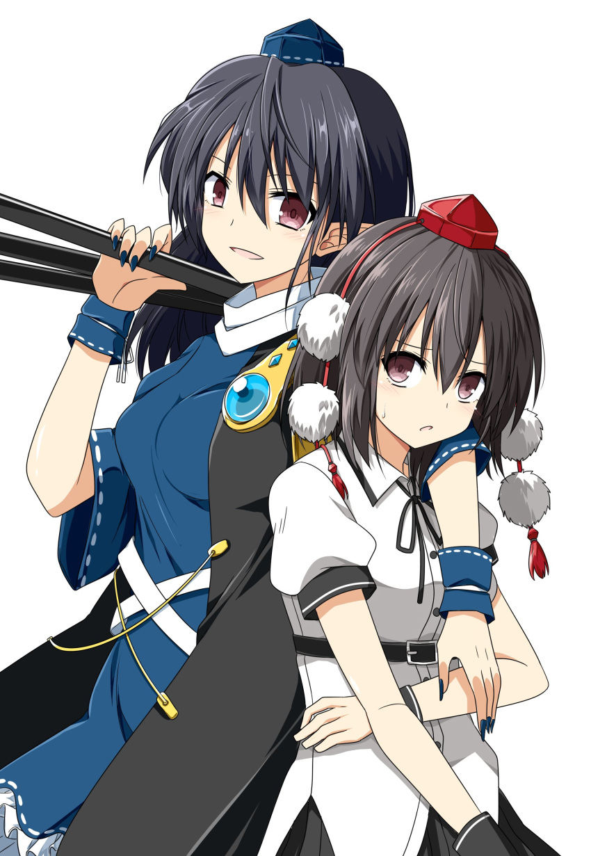 2girls absurdres arm_around_shoulder belt black_hair blue_headwear brown_eyes hat highres iizunamaru_megumu multiple_girls open_mouth pointy_ears pom_pom_(clothes) red_headwear rise_(rise19851203) shameimaru_aya short_sleeves simple_background sweat tokin_hat touhou white_background wrist_cuffs