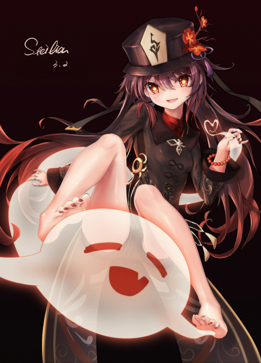:d bangs bare_legs bead_bracelet beads black_headwear blush bracelet breasts brown_hair brown_nails brown_shirt chinese_clothes chinese_commentary commentary_request dated eyebrows_visible_through_hair fang feet flower full_body genshin_impact ghost hair_between_eyes hat hat_flower heart heart_tail highres holding_tail hu_tao jewelry long_hair long_sleeves multiple_rings open_mouth red_eyes red_flower riding ring shirt signature sitting small_breasts smile spread_legs steilia tail tailcoat toenail_polish toes very_long_hair wide_sleeves yellow_eyes