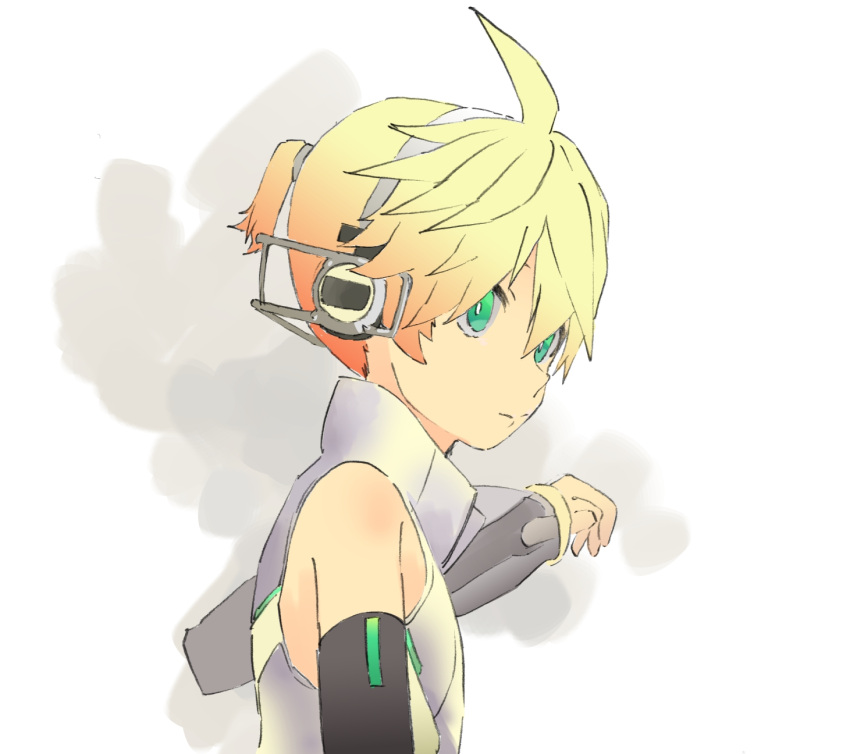 1boy aqua_eyes black_sleeves blonde_hair collared_shirt d_futagosaikyou detached_sleeves from_side hand_up highres kagamine_len kagamine_len_(append) looking_to_the_side male_focus see-through_sleeves shirt short_ponytail sketch sleeveless sleeveless_shirt solo spiky_hair upper_body vocaloid vocaloid_append white_background white_shirt