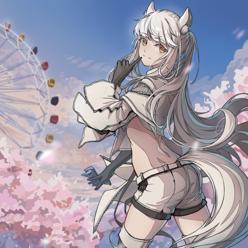 1girl animal_ear_fluff animal_ears arknights ass back belt black_gloves blue_sky cherry_blossoms chinese_commentary closed_mouth clouds cloudy_sky cowboy_shot day eyebrows_visible_through_hair ferris_wheel finger_to_mouth gloves highres holding horse_ears horse_girl horse_tail index_finger_raised iowae jacket long_hair looking_at_viewer midriff orange_eyes outdoors platinum_(arknights) ponytail short_shorts shorts silver_hair sky smile solo tail thigh-highs thighs ticket tree white_belt white_jacket white_shorts zettai_ryouiki zipper