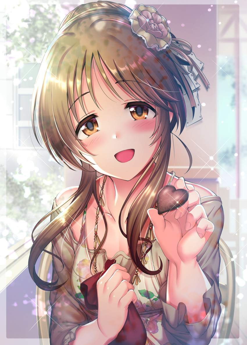 1girl :d absurdres bangs blush brown_eyes brown_hair brown_shirt candy chocolate chocolate_heart collarbone commentary_request eyebrows_visible_through_hair flower food hair_ornament hair_ribbon head_tilt heart highres holding holding_chocolate holding_food idolmaster idolmaster_cinderella_girls looking_at_viewer medium_hair ment open_mouth ribbon shirt sidelocks smile solo sparkle takamori_aiko upper_body window