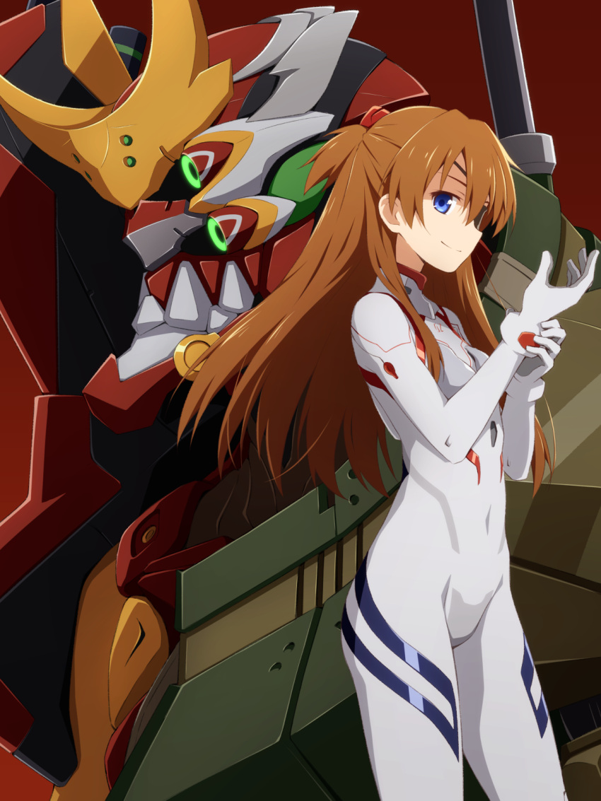 1girl bangs blue_eyes bodysuit brown_hair closed_mouth commentary covered_navel eva_02 evangelion:_3.0+1.0_thrice_upon_a_time eyepatch floating_hair hair_between_eyes hands_up highres interface_headset long_hair mashita_(candy_apricot) mecha neon_genesis_evangelion number plugsuit rebuild_of_evangelion red_background shikinami_asuka_langley simple_background smile souryuu_asuka_langley standing white_bodysuit