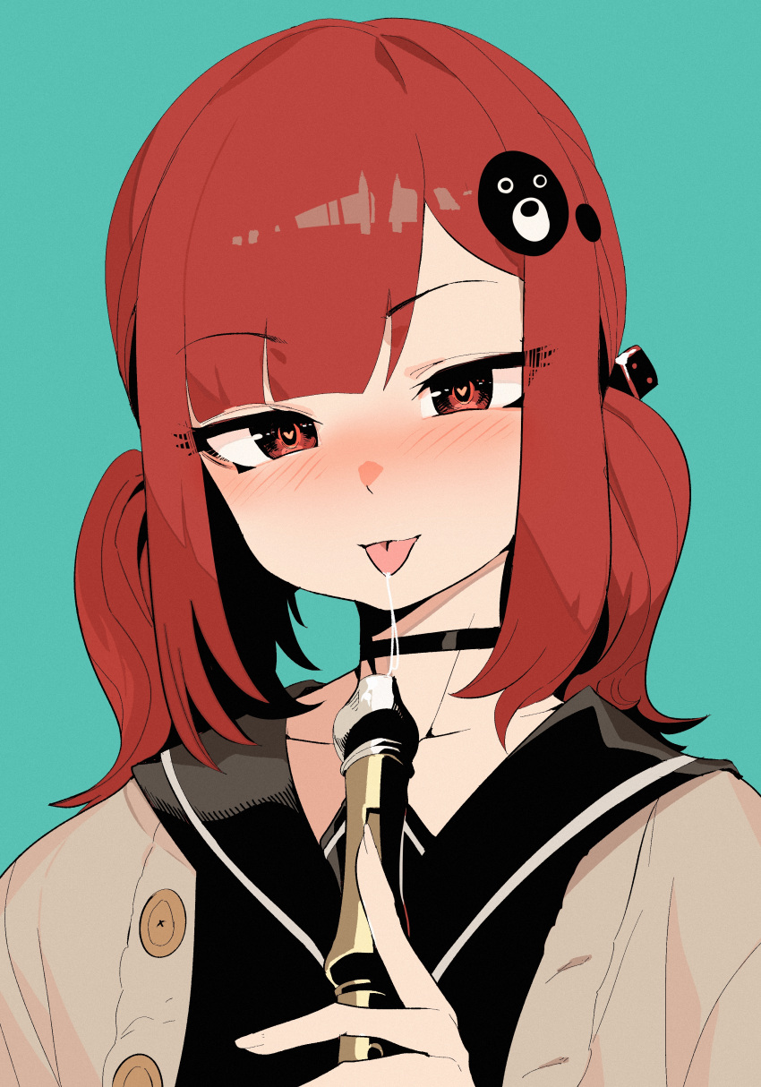 1girl absurdres bangs blue_background blush choker eyebrows_visible_through_hair hair_ornament heart heart-shaped_pupils highres instrument jin_rou looking_at_viewer original recorder red_eyes redhead saliva saliva_trail school_uniform serafuku simple_background solo symbol-shaped_pupils twintails