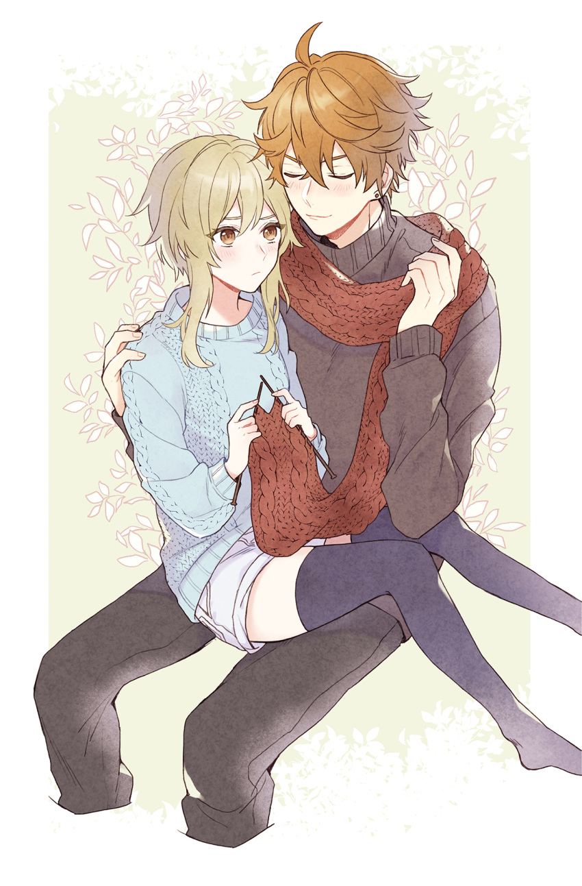 1boy 1girl adjusting_clothes ahoge alternate_costume black_legwear black_pants black_sweater blonde_hair blue_sweater blush border closed_eyes commentary couple cropped_legs earrings floral_print foot_out_of_frame genshin_impact hand_on_another's_shoulder hetero highres jewelry knitting knitting_needle looking_at_another lumine_(genshin_impact) needle orange_hair pants pout red_scarf scarf short_hair short_hair_with_long_locks short_shorts shorts simple_background sitting sitting_on_lap sitting_on_person smile stud_earrings sugaharu sweater tartaglia_(genshin_impact) thigh-highs white_shorts yellow_background yellow_eyes