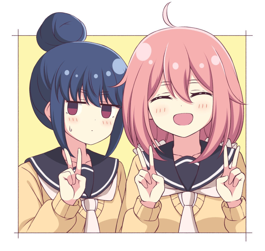 2girls :d ahoge bangs black_sailor_collar blue_hair blush border closed_eyes closed_mouth collarbone commentary disconnected_mouth double_v empty_eyes eyebrows_visible_through_hair facing_viewer grey_neckwear hair_between_eyes hair_bun happy highres jitome kagamihara_nadeshiko long_hair long_sleeves looking_at_viewer multiple_girls necktie open_mouth pink_hair sailor_collar school_uniform shima_rin short_hair sidelocks simple_background smile sweater upper_body v violet_eyes white_border yellow_sweater yurucamp zeta_(24904340)