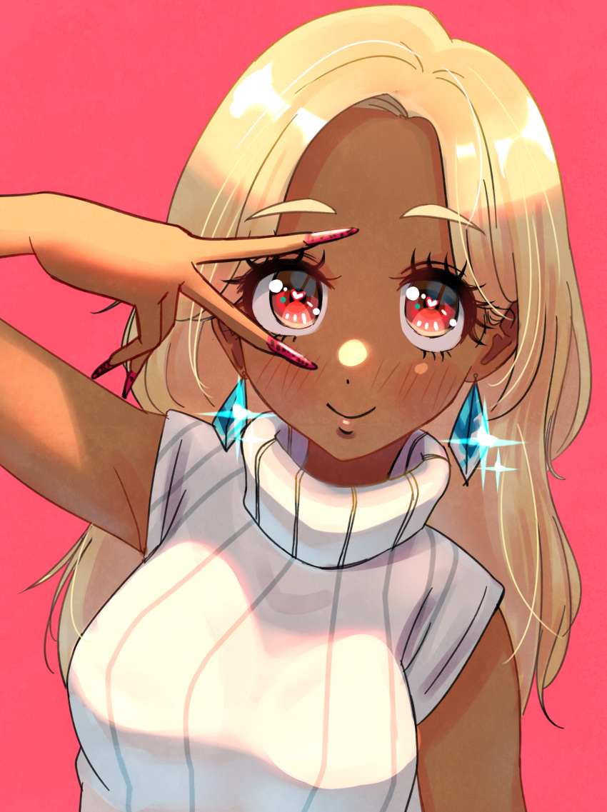 1girl absurdres blonde_hair breasts dark_skin dark-skinned_female earrings eyebrows_visible_through_hair gyaru highres jewelry kogal long_hair looking_at_viewer nail_polish original pink_background pink_nails red_eyes shirt short_sleeves simple_background sinohira_rin smile solo sparkle v white_shirt