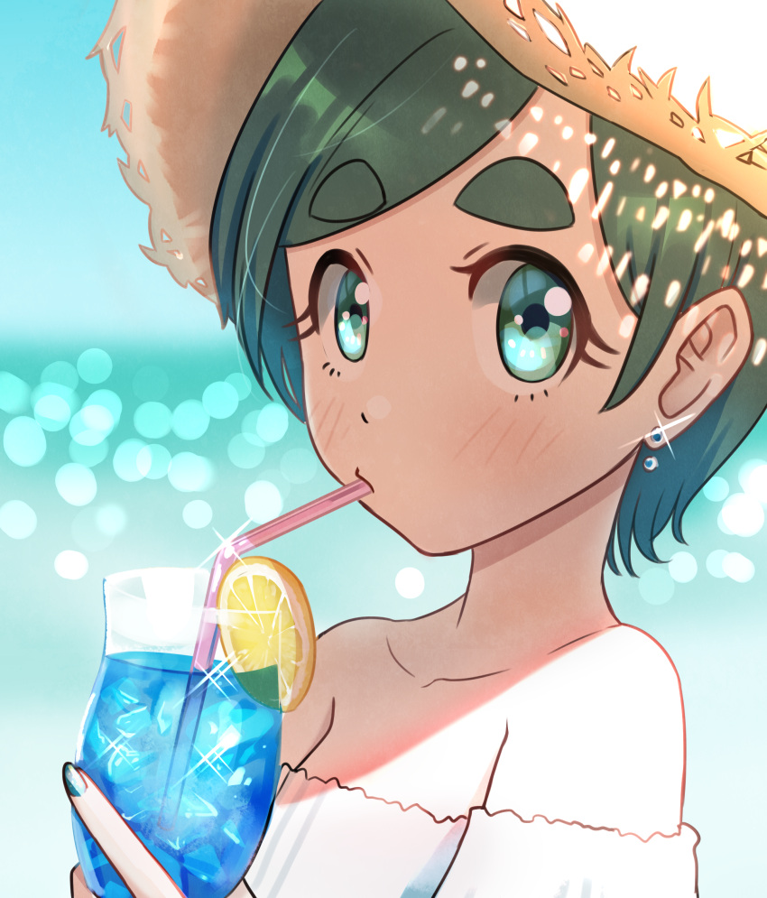 1girl absurdres aqua_eyes bare_shoulders blue_nails blush cup drinking drinking_straw earrings eyebrows_visible_through_hair futomayu-chan_(sinohira_rin) green_hair hat highres jewelry looking_at_viewer off_shoulder original shadow short_hair sinohira_rin solo straw_hat upper_body