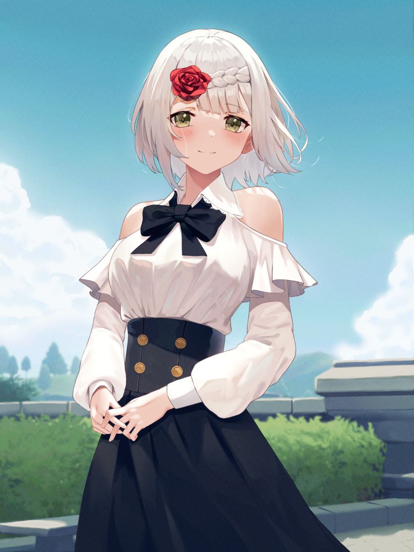 1girl bangs bare_shoulders black_bow black_neckwear black_skirt blush bow bowtie braid breasts collared_shirt commentary cowboy_shot day flower genshin_impact green_eyes hair_flower hair_ornament high-waist_skirt highres long_sleeves looking_at_viewer medium_breasts noelle_(genshin_impact) outdoors own_hands_together puffy_long_sleeves puffy_sleeves red_flower red_rose rose shands shirt short_hair skirt sky smile solo white_hair white_shirt