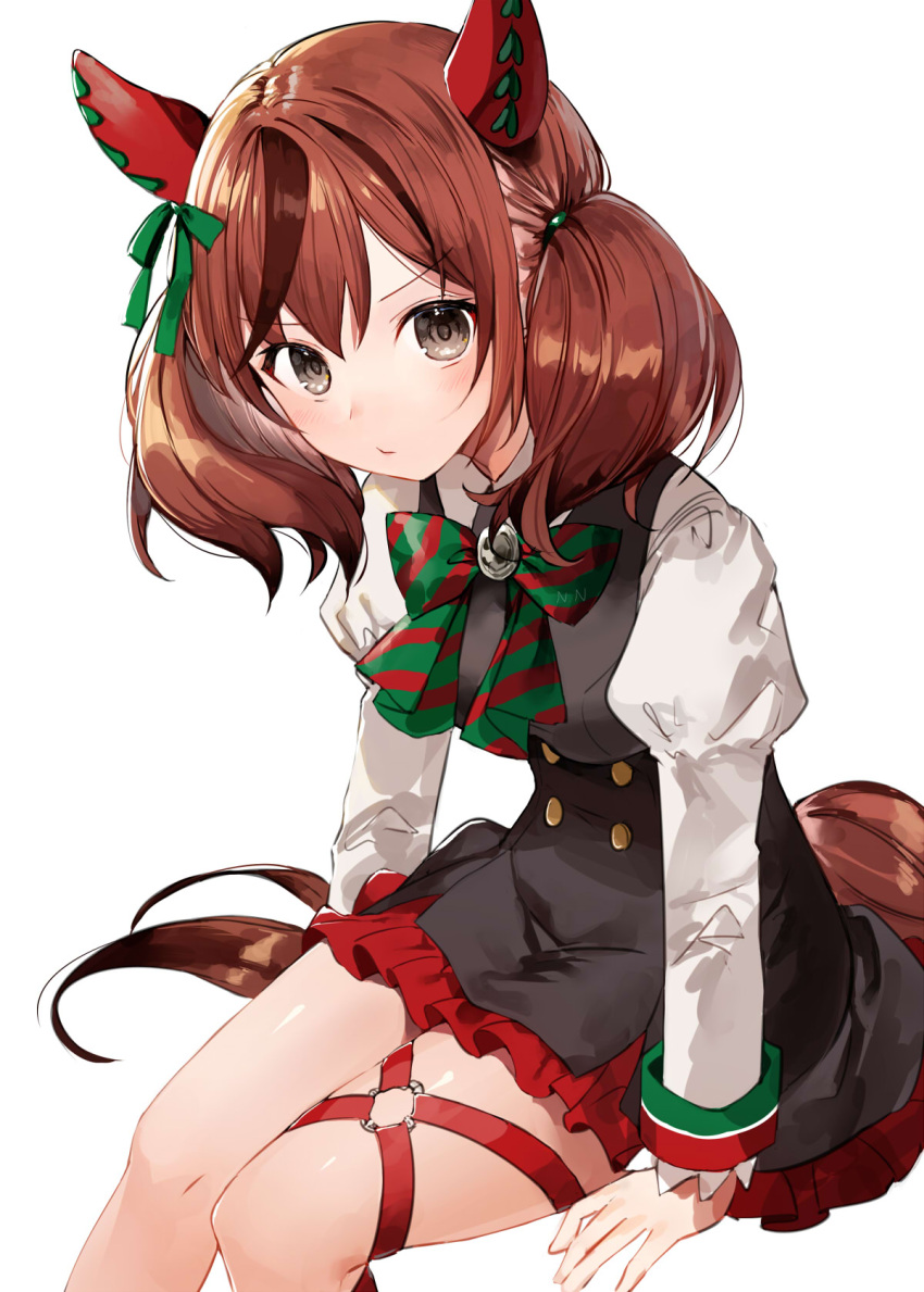 1girl animal_ears black_dress blush bow bowtie brown_eyes brown_hair buttons closed_mouth dress eyebrows_visible_through_hair feet_out_of_frame green_bow green_neckwear highres horse_ears horse_girl horse_tail juliet_sleeves long_hair long_sleeves multicolored_hair nice_nature_(umamusume) puffy_sleeves redhead shirt simple_background sleeveless sleeveless_dress solo streaked_hair tail twintails umamusume white_background white_shirt yon_(letter)