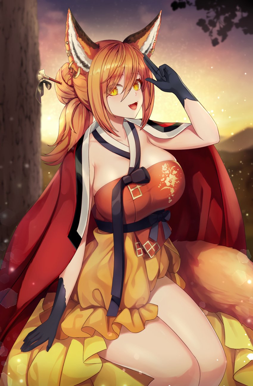 1girl animal_ears bangs bindong black_gloves breasts ear_piercing earrings eyebrows_visible_through_hair fangs fox_ears fox_girl fox_tail frilled_skirt frills gloves hair_between_eyes hair_bun hair_ornament hair_stick haori highres jacket japanese_clothes jewelry large_breasts layered_skirt lens_flare looking_at_viewer mole mole_under_eye orange_hair original piercing ponytail red_jacket sash sitting skirt slit_pupils solo tail thighs twilight yellow_eyes yellow_skirt