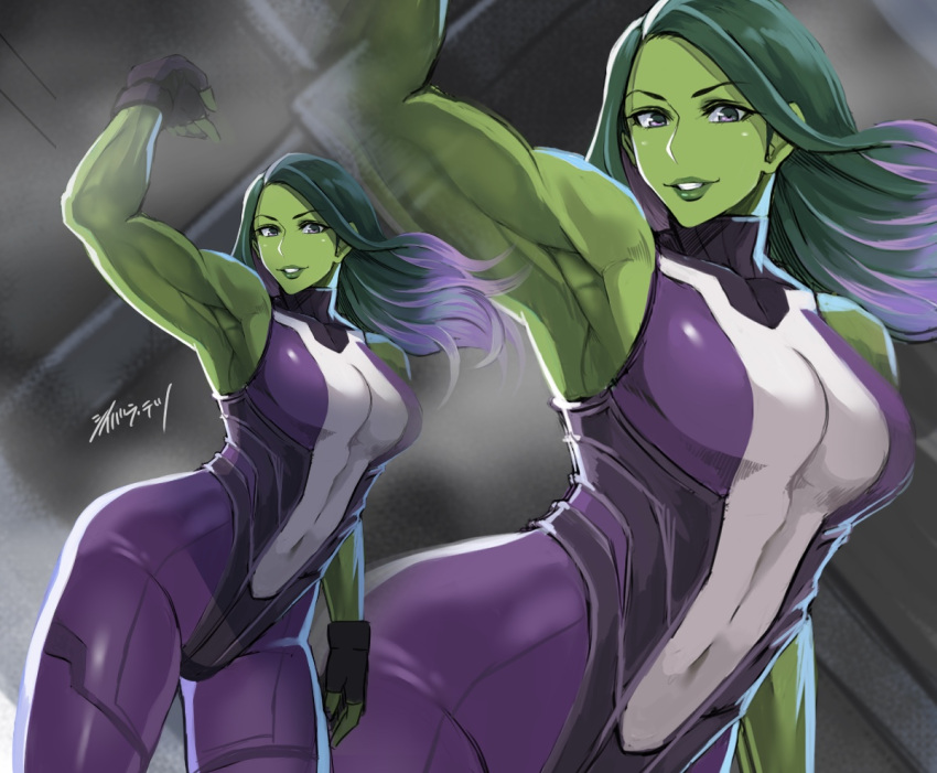 1girl arm_up armpits bodysuit colored_skin covered_navel cowboy_shot floating_hair green_hair green_skin long_hair looking_at_viewer marvel muscular muscular_female parted_lips purple_bodysuit she-hulk shibusun sleeveless smile solo zoom_layer