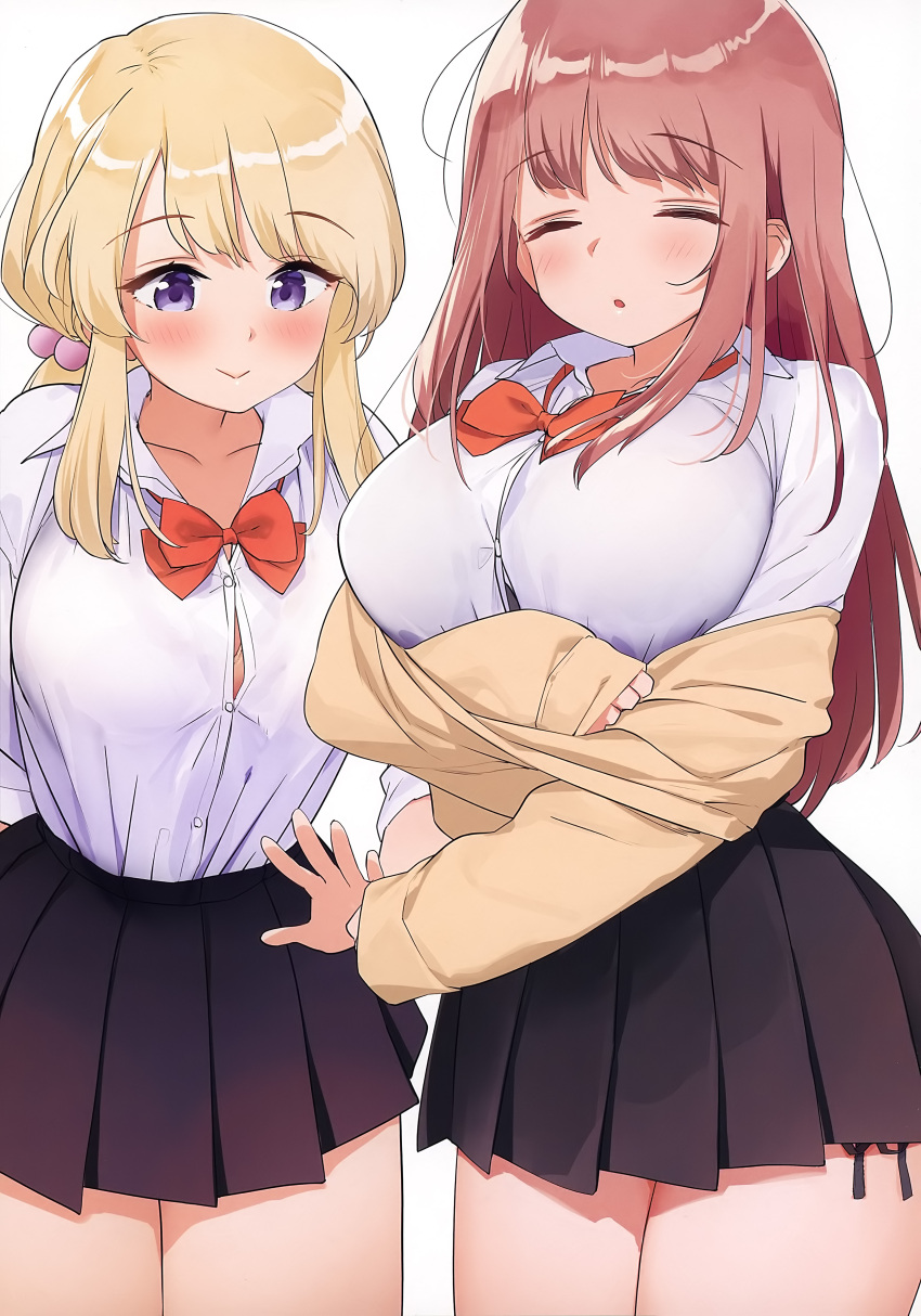 2girls :&gt; :o absurdres arm_behind_back bangs black_skirt blonde_hair blush bow bowtie bra_through_clothes breasts brown_hair button_gap closed_eyes collar eyebrows_visible_through_hair hair_bobbles hair_ornament highres kaisen_chuui large_breasts long_hair long_sleeves miniskirt multiple_girls non-web_source original panties parted_lips pleated_skirt red_bow red_neckwear shirt side-tie_panties side-tie_peek sidelocks simple_background skirt skirt_rolled_up underwear undressing very_long_hair white_background white_shirt wing_collar
