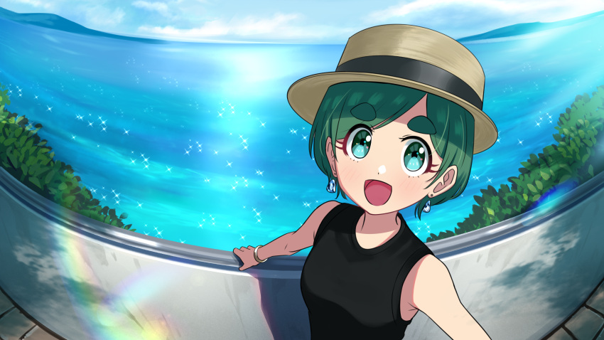 1girl absurdres aqua_eyes black_shirt boater_hat bracelet clouds cloudy_sky earrings eyebrows_visible_through_hair futomayu-chan_(sinohira_rin) green_hair hat highres jewelry leaf looking_at_viewer open_mouth original outdoors rainbow shirt short_hair sinohira_rin sky sleeveless sleeveless_shirt smile solo sparkle upper_body water