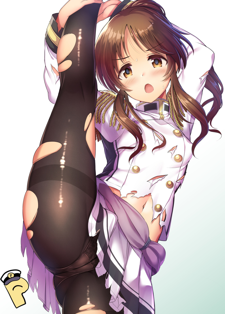1girl absurdres ass bangs brown_eyes brown_hair buttons commentary_request double-breasted eyebrows_visible_through_hair gradient gradient_background highres idolmaster idolmaster_cinderella_girls looking_at_viewer medium_hair ment military military_uniform naval_uniform navel open_mouth panties panties_under_pantyhose pantyhose pleated_skirt ponytail shirt sidelocks simple_background skirt solo split standing standing_on_one_leg standing_split takamori_aiko thighs torn_clothes torn_legwear underwear uniform white_background white_shirt white_skirt