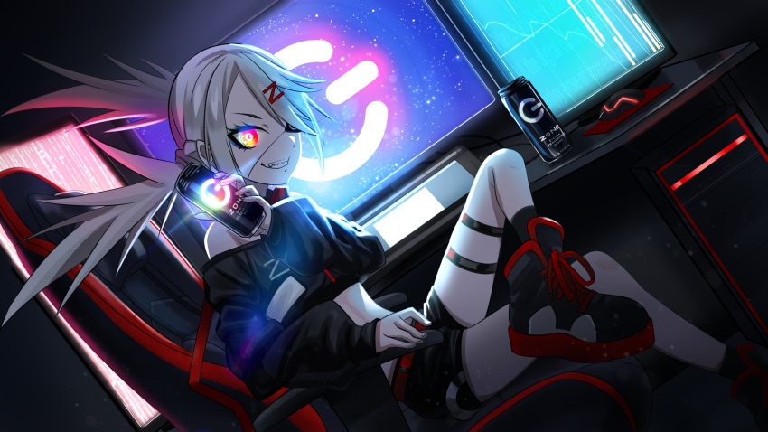1girl absurdres black_footwear black_shirt can chair crop_top crossed_legs dive_to_zone eyepatch grey_hair hair_ornament hand_up highres holding holding_can long_hair long_sleeves looking_at_viewer midriff parted_lips print_shirt red_eyes screen shirt shoes sinohira_rin smile solo