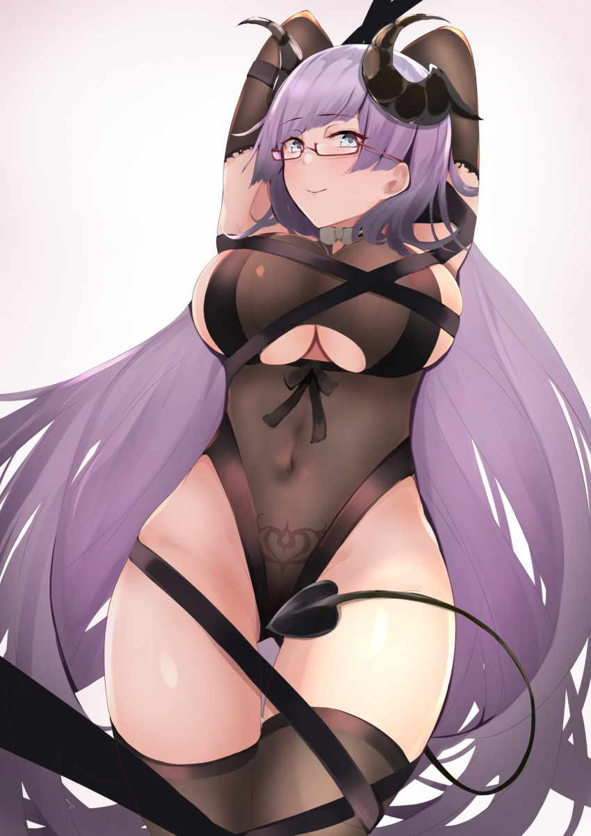 1girl arms_behind_head azur_lane black_gloves black_legwear blue_eyes breasts closed_mouth covered_navel demon_girl demon_horns demon_tail elbow_gloves eyebrows_visible_through_hair feet_out_of_frame from_below glasses gloves gneisenau_(azur_lane) gneisenau_(nightmarish_succubus)_(azur_lane) highres horns itete large_breasts long_hair looking_at_viewer navel pubic_tattoo purple_hair smile solo standing tail tattoo thigh-highs very_long_hair white_background