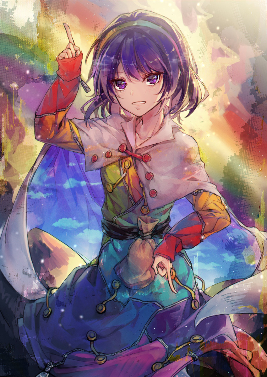 1girl absurdres bangs blue_hair cape dress highres long_sleeves multicolored multicolored_cape multicolored_clothes multicolored_dress multicolored_hairband pointing pointing_down pointing_up rainbow_gradient red_button shometsu-kei_no_teruru short_hair sky_print smile solo tenkyuu_chimata touhou two-sided_cape two-sided_fabric violet_eyes white_cape zipper