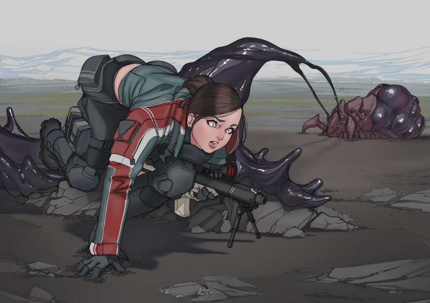 1girl bipod blue_eyes breasts brown_hair bullpup dodging earrings fanny_pack full_body gloves gun holding holding_gun holding_weapon jacket jewelry long_hair medium_breasts original outdoors pants scope short_ponytail slime_(substance) thigh_pouch trigger_discipline weapon zerogravitas