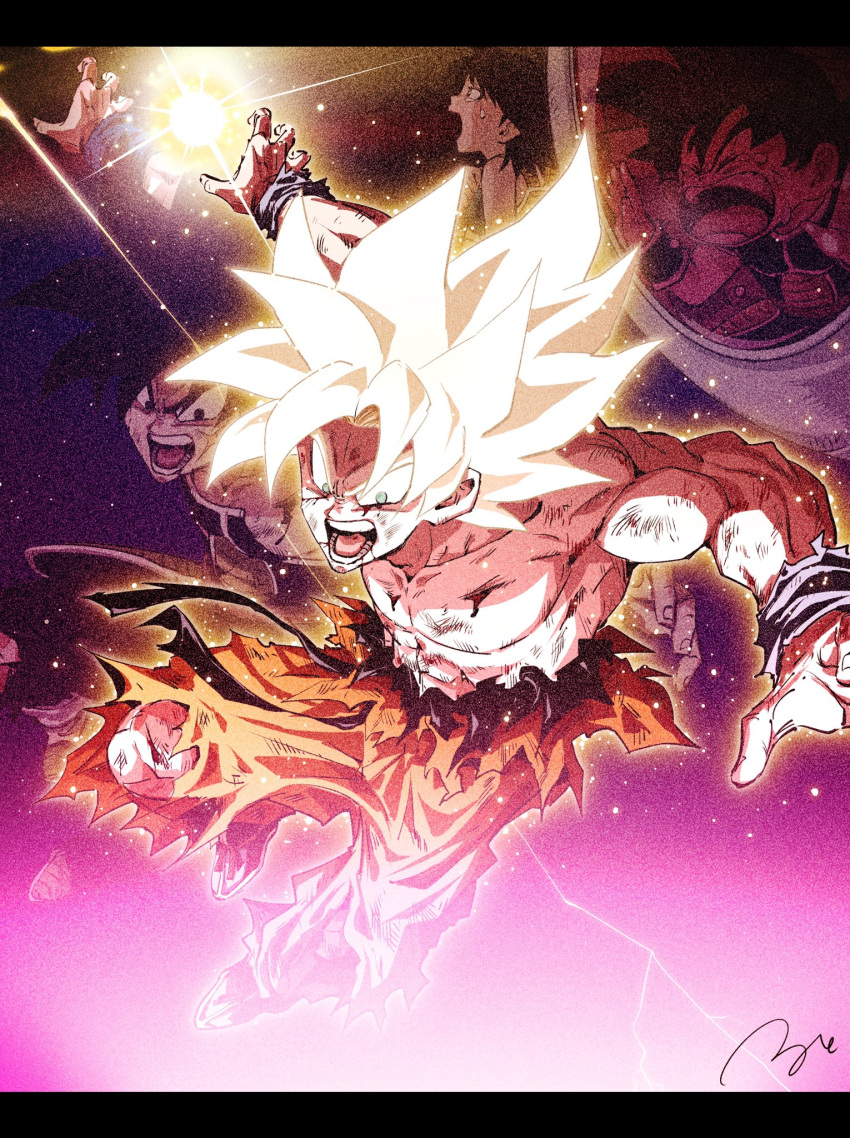 1girl 3boys attack_ball aura bardock black_eyes black_hair bleeding blonde_hair blood child closed_eyes commentary_request crying crying_with_eyes_open dragon_ball dragon_ball_minus dragon_ball_super dragon_ball_z energy_ball gine green_eyes highres injury letterboxed male_focus multiple_boys muscular muscular_male no_pupils open_mouth orange_pants pants ruto830 saiyan_armor sash scar scar_on_cheek scar_on_face shouting signature son_goku spiky_hair super_saiyan tears torn_clothes torn_pants wristband