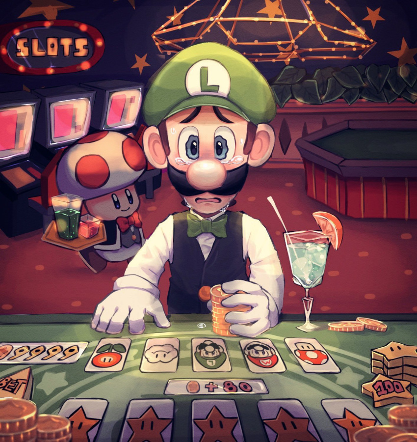 2boys black_hair black_vest blue_eyes bow bowtie brown_hair casino coin crying crying_with_eyes_open cup facial_hair gambling gloves green_bow green_headwear green_neckwear highres hiyashimeso indoors long_sleeves luigi super_mario_bros. multiple_boys mustache new_super_mario_bros. open_mouth shirt slot_machine solo_focus star_(symbol) tears toad tray upper_body vest white_gloves white_shirt