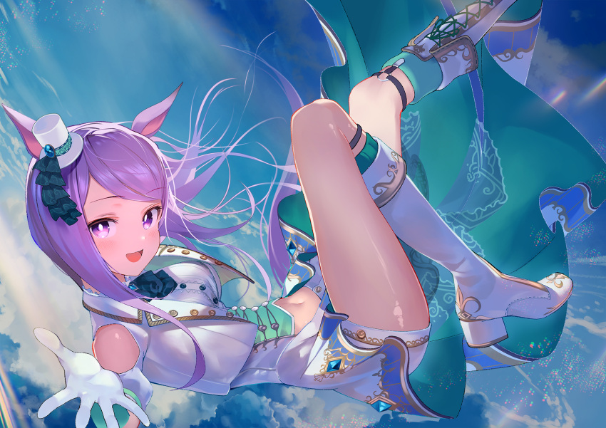 1girl :d animal_ears blush boots eyebrows_visible_through_hair foreshortening gloves highres horse_ears horse_girl horse_tail kainownill knee_boots long_hair mejiro_mcqueen_(umamusume) navel open_mouth purple_hair reaching_out sky smile solo tail umamusume violet_eyes white_footwear white_gloves