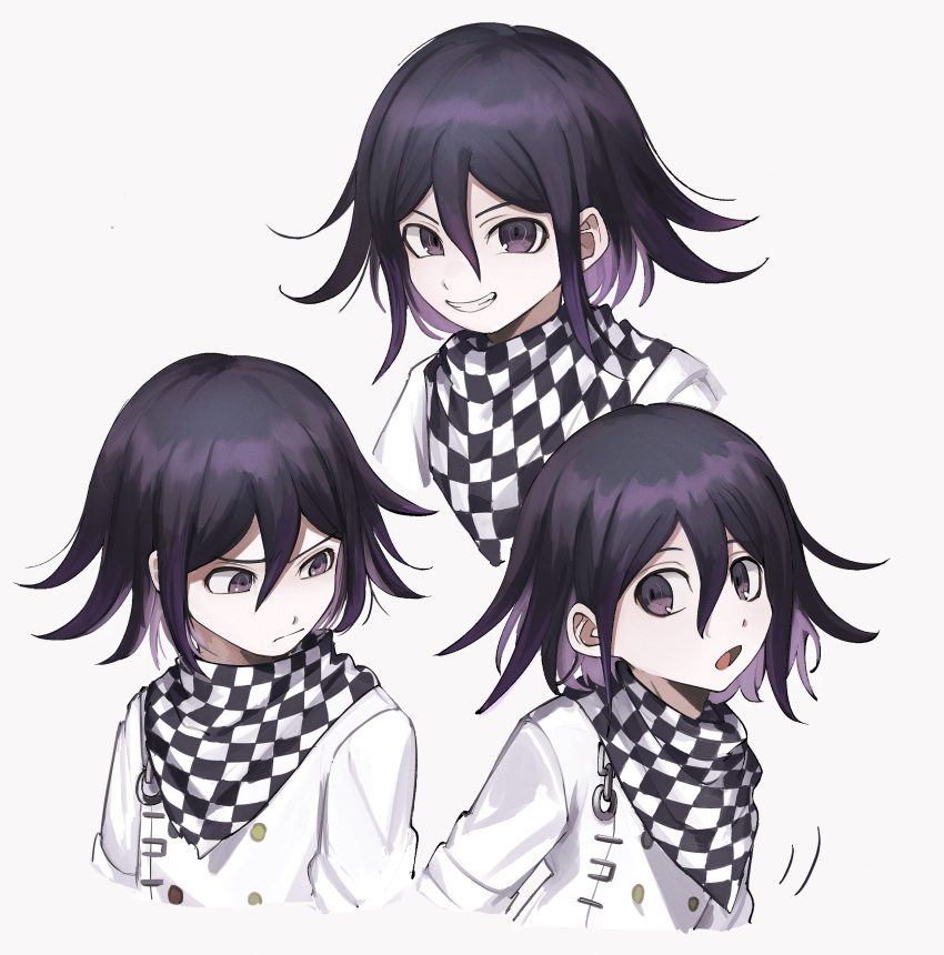 1boy :o absurdres bangs black_eyes black_hair bojue_(hakus_1128) buttons checkered checkered_neckwear checkered_scarf closed_mouth cropped_torso dangan_ronpa_(series) dangan_ronpa_v3:_killing_harmony double-breasted grey_background grin hair_between_eyes highres jacket long_sleeves looking_at_viewer male_focus open_mouth ouma_kokichi purple_hair scarf shirt short_hair smile upper_body violet_eyes