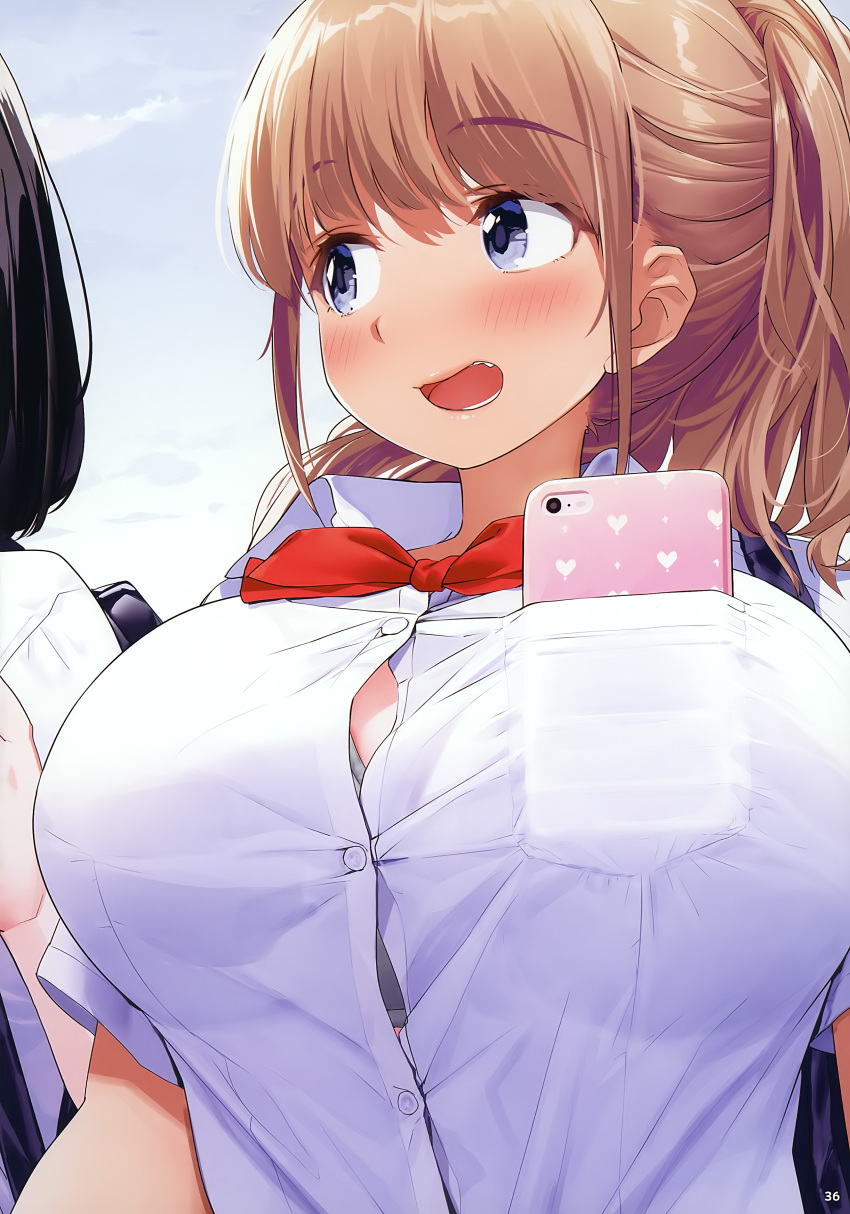 2girls absurdres bag bangs black_bra black_hair blue_eyes blue_sky blush bow bowtie bra bra_peek breast_pocket breasts brown_hair button_gap cellphone clouds cloudy_sky collared_shirt day dress_shirt eyebrows_visible_through_hair fang highres kaisen_chuui large_breasts lips long_hair looking_to_the_side multiple_girls non-web_source open_mouth original outdoors page_number phone pocket red_bow red_neckwear school_bag school_uniform shirt sky smartphone smile underwear upper_body white_shirt wing_collar