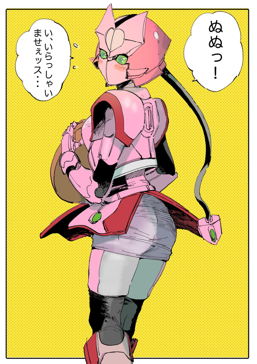 1girl ass blush breasts cable from_behind green_eyes highres ichitaka_(1015ichitaka) kikai_sentai_zenkaiger magine medium_breasts purple_skirt robot science_fiction skirt solo speech_bubble super_sentai tokusatsu translation_request virtual_youtuber