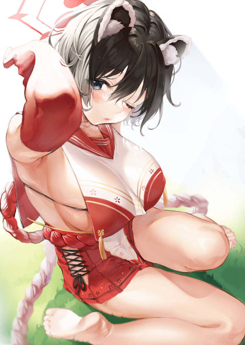 1girl absurdres animal_ear_fluff animal_ears armpits arms_up barefoot black_hair blue_archive blush breasts closed_mouth commentary_request dress eyebrows_visible_through_hair gloves halo highres large_breasts legs looking_at_viewer looking_up miniskirt one_eye_closed poko_(user_nyfd7873) red_dress red_gloves revision short_hair sideboob sitting skirt soles solo thighs tsubaki_(blue_archive) two-tone_shirt