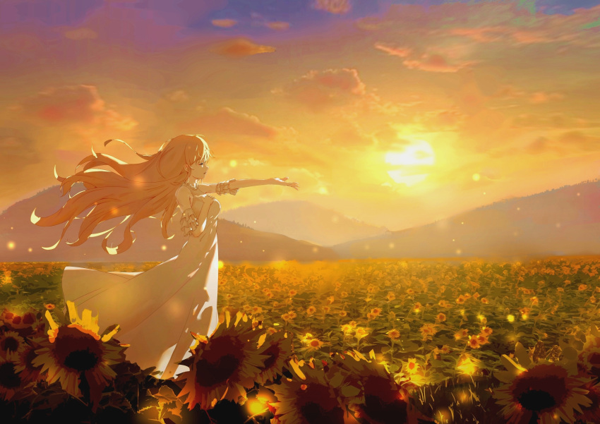 1girl bangs blonde_hair closed_eyes clouds commentary_request detached_sleeves dress evening field flower flower_field h1910984490 hand_on_own_chest highres horizon isabella_holly landscape light_purple_hair long_hair mountain mountainous_horizon outstretched_arm revdol scenery sky solo standing sun sunflower sunset virtual_youtuber white_dress