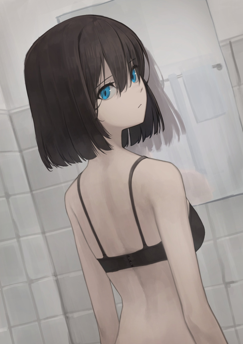 1girl absurdres aqua_eyes arms_at_sides bad_reflection bathroom black_bra bra brown_eyes closed_mouth commentary_request error eyebrows_visible_through_hair from_behind hair_between_eyes highres indoors looking_at_viewer looking_back mirror original reflection romaji_commentary short_hair solo tile_wall tiles towel underwear upper_body yoon_cook