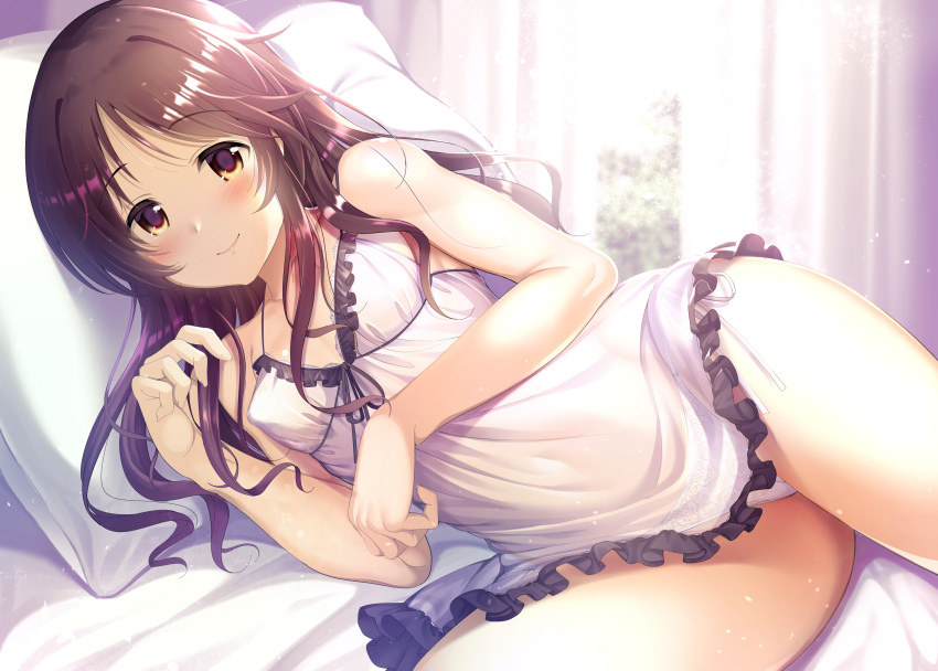 1girl bangs bare_arms bed_sheet blush breasts brown_eyes brown_hair closed_mouth commentary_request covered_nipples curtains eyebrows_visible_through_hair frilled_nightgown highres looking_at_viewer lying ment nightgown on_bed on_side original panties pillow simple_background sleepwear small_breasts smile solo thighs underwear white_nightgown white_panties window