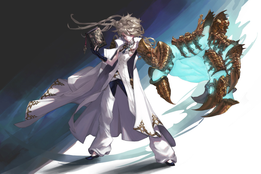 1boy absurdres androgynous black_gloves cape chaps doksa fantasy fingerless_gloves gloves grey_hair head_tilt highres looking_at_viewer looking_to_the_side open_hand original pink_eyes shirt sleeveless sleeveless_shirt smile solo white_cape white_legwear white_shirt