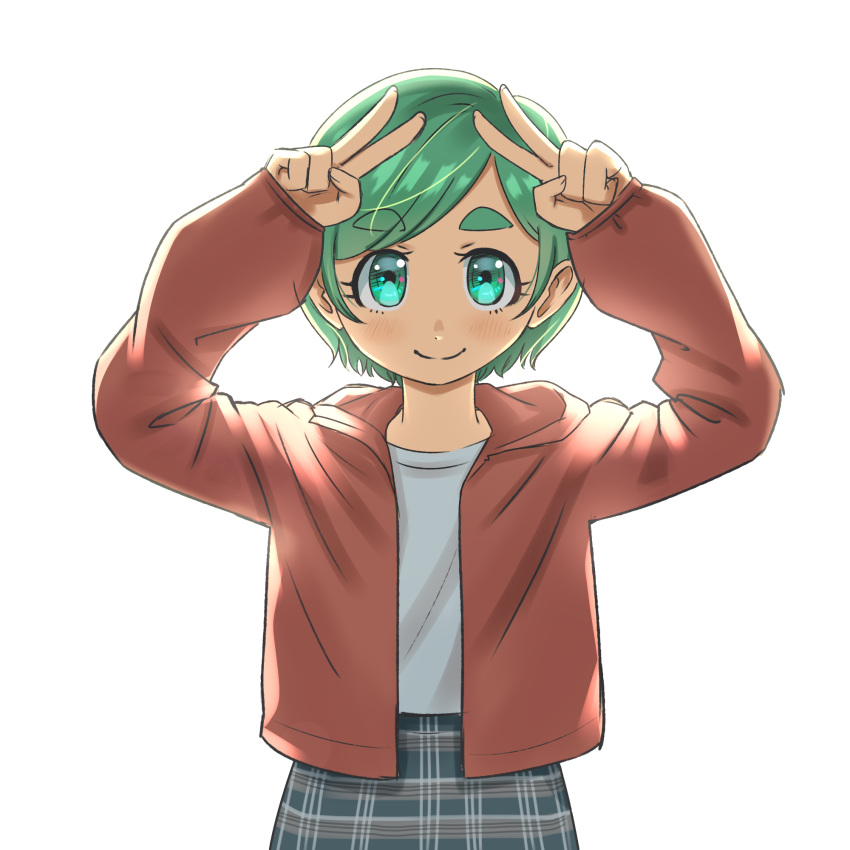 1girl arms_up cardigan double_v eyebrows_visible_through_hair futomayu-chan_(sinohira_rin) green_hair highres looking_at_viewer original plaid plaid_skirt red_cardigan shirt short_hair simple_background sinohira_rin skirt smile solo upper_body v white_background white_shirt