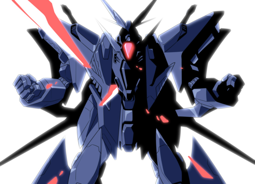 clenched_hands commentary_request fukaya_yuu gundam gundam_hathaway's_flash highres limited_palette mecha mobile_suit no_humans oobari_masami_(style) parody platinumhugen_ordian pose science_fiction shaded_face solo standing v-fin white_background xi_gundam