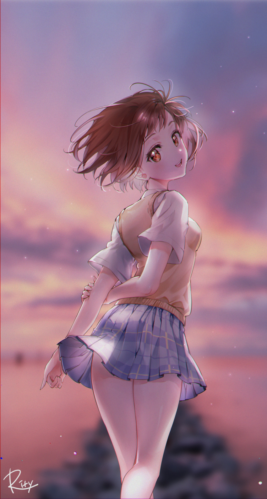 1girl :d arms_behind_back artist_name bang_dream! bare_legs blue_skirt blurry blurry_background blush brown_eyes brown_hair brown_vest evening feet_out_of_frame from_behind haneoka_school_uniform hazawa_tsugumi highres looking_at_viewer looking_back miniskirt open_mouth outdoors plaid plaid_skirt pleated_skirt rity school_uniform shirt short_hair short_sleeves skirt smile solo standing twilight vest white_shirt wind