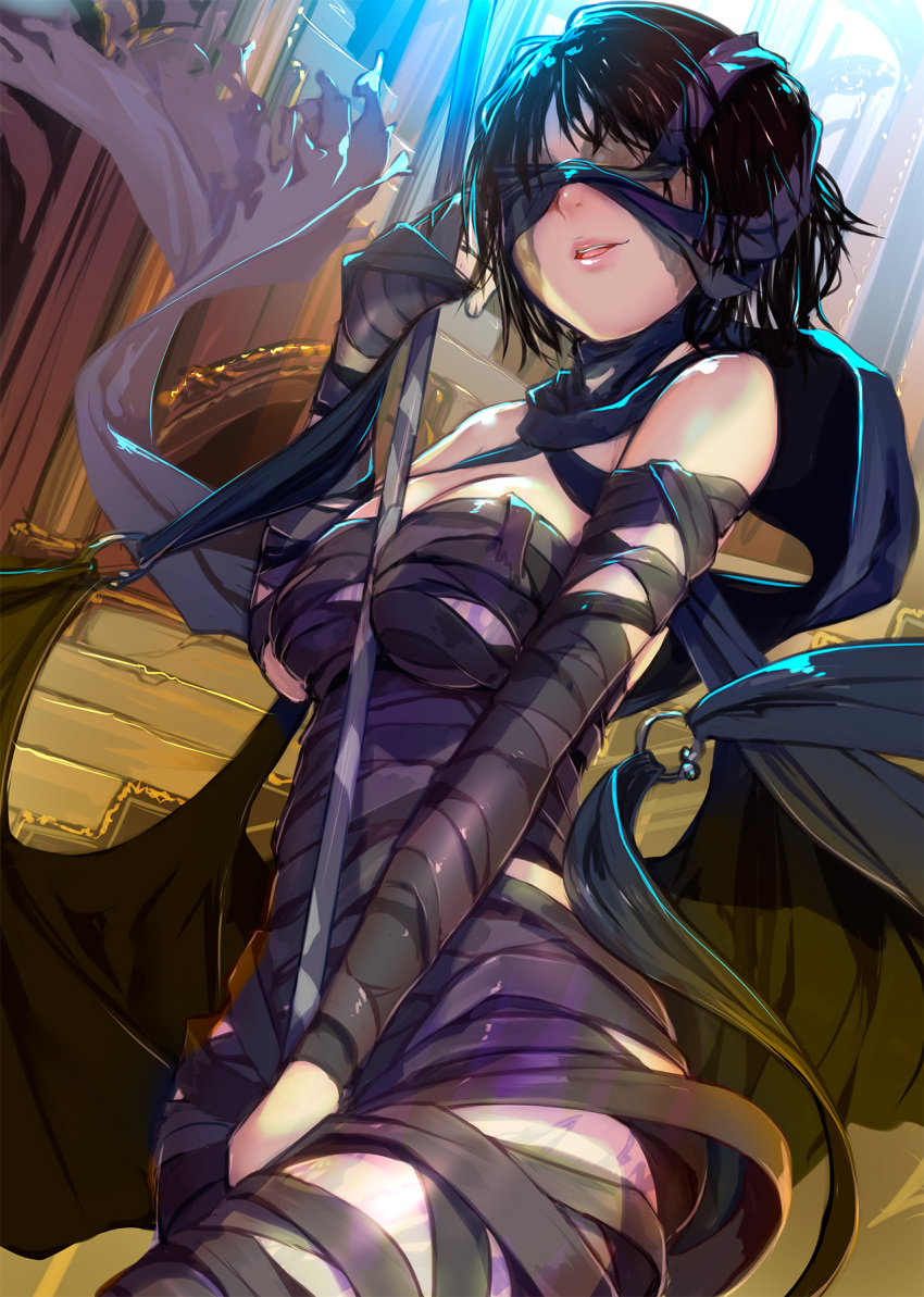 1girl bandages bandages_over_eyes bare_shoulders black_hair breasts commentary_request demon's_souls highres lips looking_at_viewer maiden_in_black medium_breasts mikazuki_akira! naked_bandage open_mouth revision scarf shiny shiny_hair short_hair smile solo souls_(from_software) staff standing