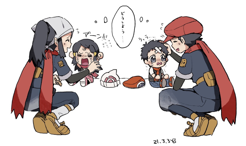 2boys 2girls bandages beanie black_legwear black_shirt black_vest blue_legwear boots bruise closed_eyes comforting crying crying_with_eyes_open hikari_(pokemon) denim female_protagonist_(pokemon_legends:_arceus) grey_eyes hat head_scarf highres injury jeans looking_at_another lucas_(pokemon) male_protagonist_(pokemon_legends:_arceus) multiple_boys multiple_girls over-kneehighs pants petoke pink_bracelet pink_footwear pink_scarf pink_skirt pokemon pokemon_(game) pokemon_bdsp red_headwear red_scarf scarf shirt skirt sleeveless sleeveless_shirt sweatdrop tears thigh-highs translation_request vest white_headwear yellow_bracelet